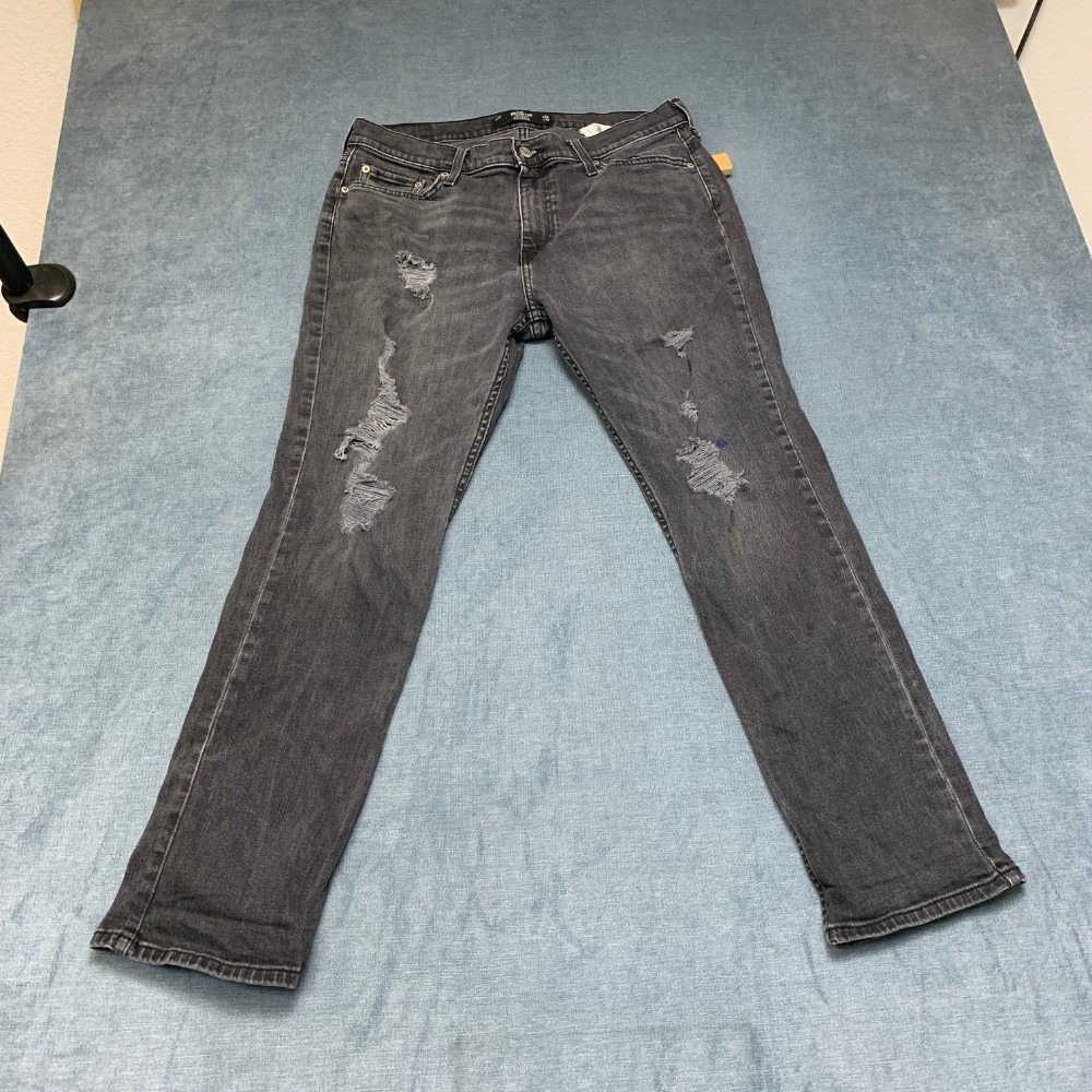Hollister Epic Flex Slim Straight Jeans Mens 34x30 Gray Denim Distressed Zip Fly